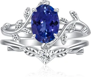 Oval Shaped Gemstone Engagement Rings Set for Women 925 Sterling Silver,8x6 MM Amethyst Leaf Ring Unique Bridal Wedding Rings Size 3-13