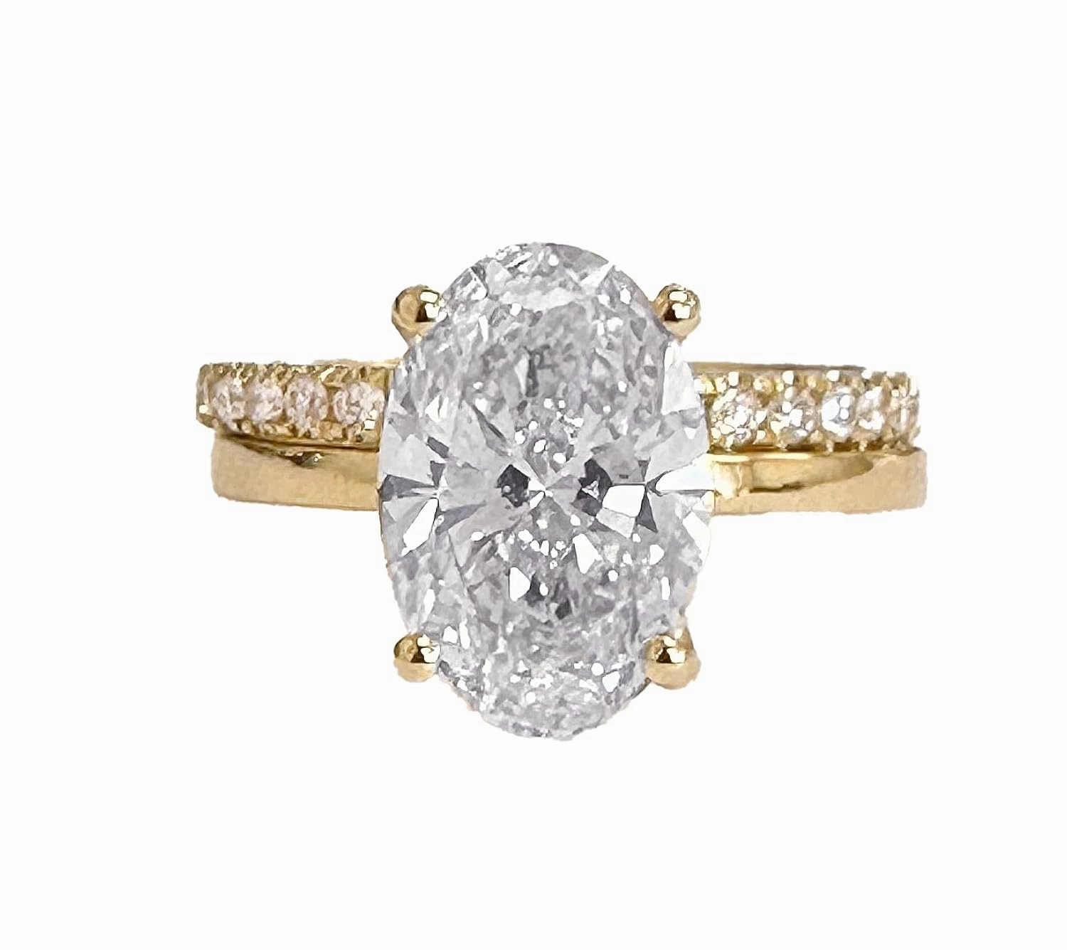 Oval cut Moissanite And Round Cut Sides Engagement Ring And Matching Band 14k Solid Yellow Gold Bridal Ring Solitaire Wedding Ring 3.30ctw (14K Yellow Gold, 4.0)