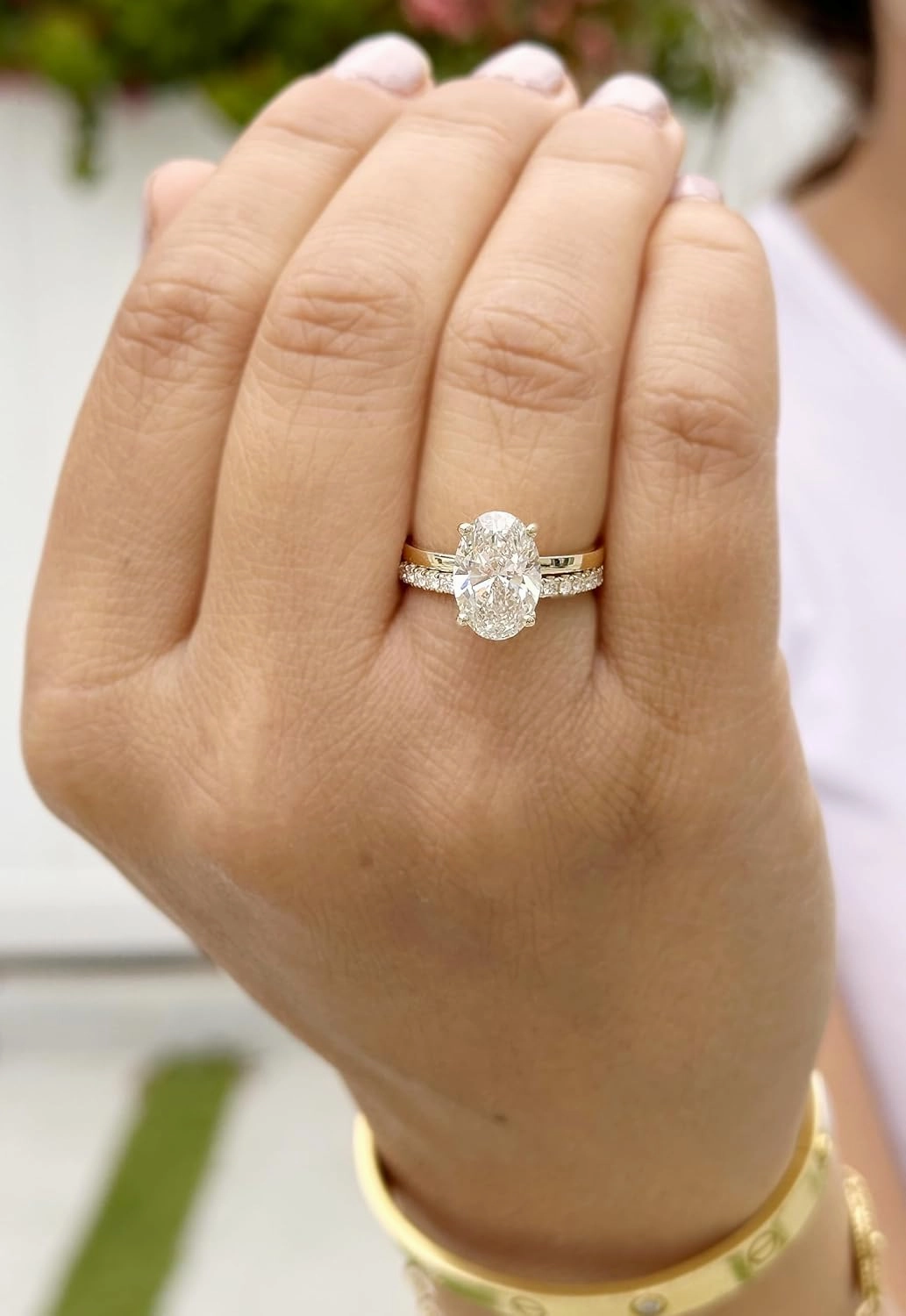 Oval cut Moissanite And Round Cut Sides Engagement Ring And Matching Band 14k Solid Yellow Gold Bridal Ring Solitaire Wedding Ring 3.30ctw (14K Yellow Gold, 4.0)