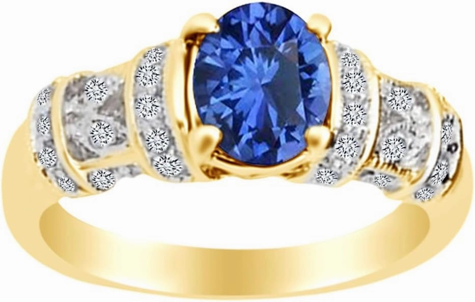 Oval Cut Simulated Blue Sapphire & Round Cut White Simulated Diamond Engagement Wedding Ring In 14k Gold Plated 925 Sterling Silver (1.25 cttw)