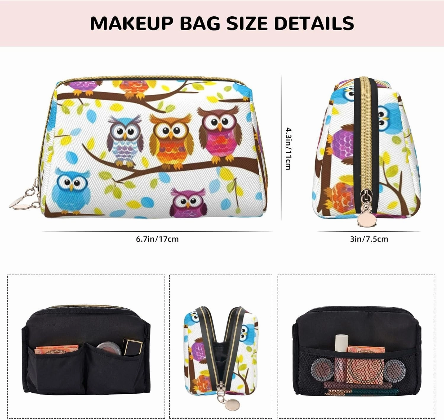 Owls On Tree Branches Toiletry Pouch, Travel-Friendly Makeup Organizer For Makeup Brushes, Lipsticks