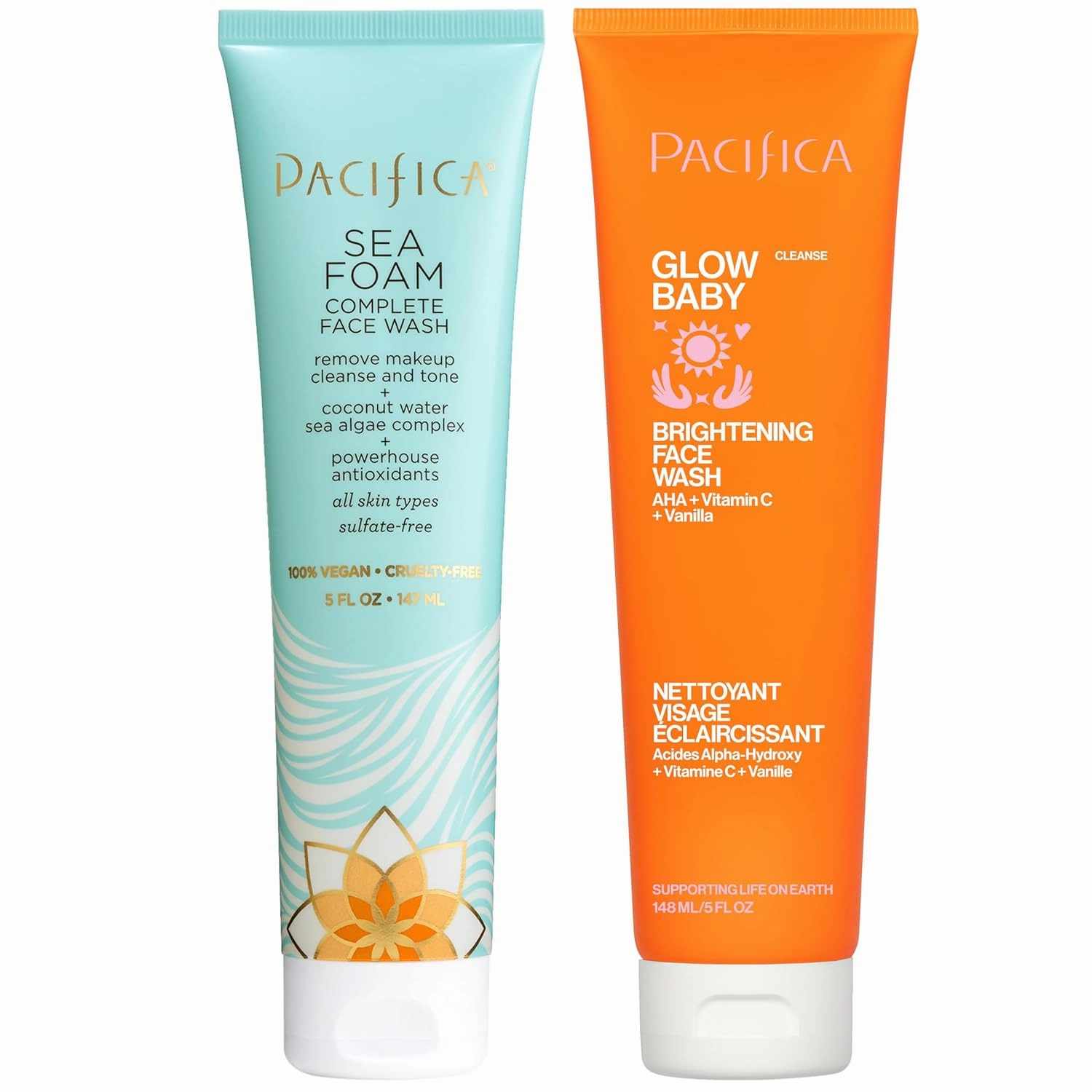 Pacifica Face Wash Duo – Glow Baby Vitamin C Brightening Cleanser   Sea Foam Gentle Cleanser, Daily Exfoliating Face Wash Set for All Skin Types, Sulfate-Free, Vegan