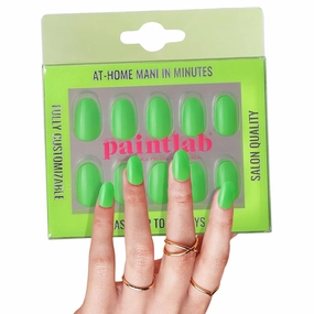 PaintLab Press-On Nails Manicure Kit, Neon Green Oval, 30-Piece Set, Long-Lasting Fake Nails with Glue, File, Prep Pad & Cuticle Stick