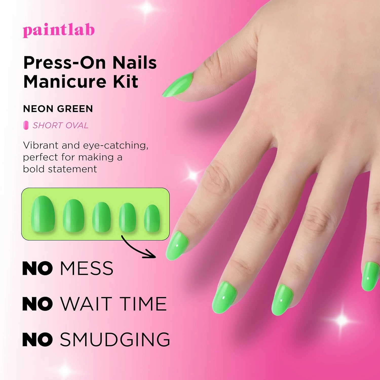 PaintLab Press-On Nails Manicure Kit, Neon Green Oval, 30-Piece Set, Long-Lasting Fake Nails with Glue, File, Prep Pad & Cuticle Stick