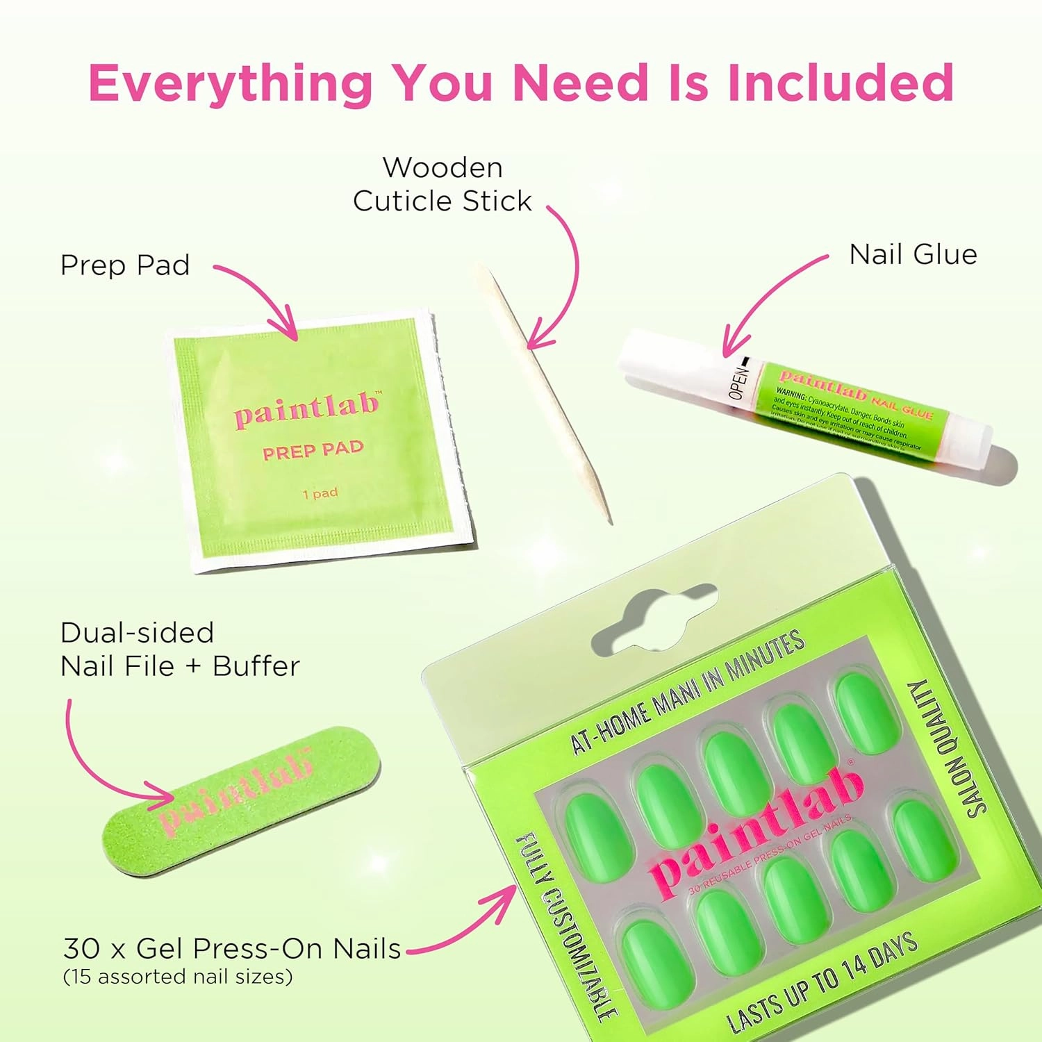 PaintLab Press-On Nails Manicure Kit, Neon Green Oval, 30-Piece Set, Long-Lasting Fake Nails with Glue, File, Prep Pad & Cuticle Stick