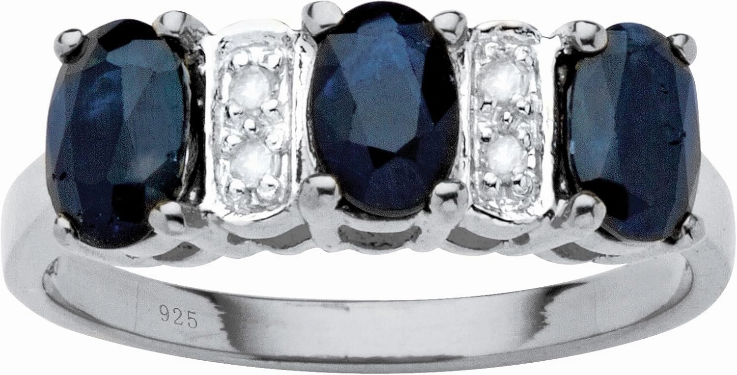 Palm Beach Jewelry Platinum Plated Sterling Silver Oval Cut Genuine Blue Sapphire and Diamond Accent Ring