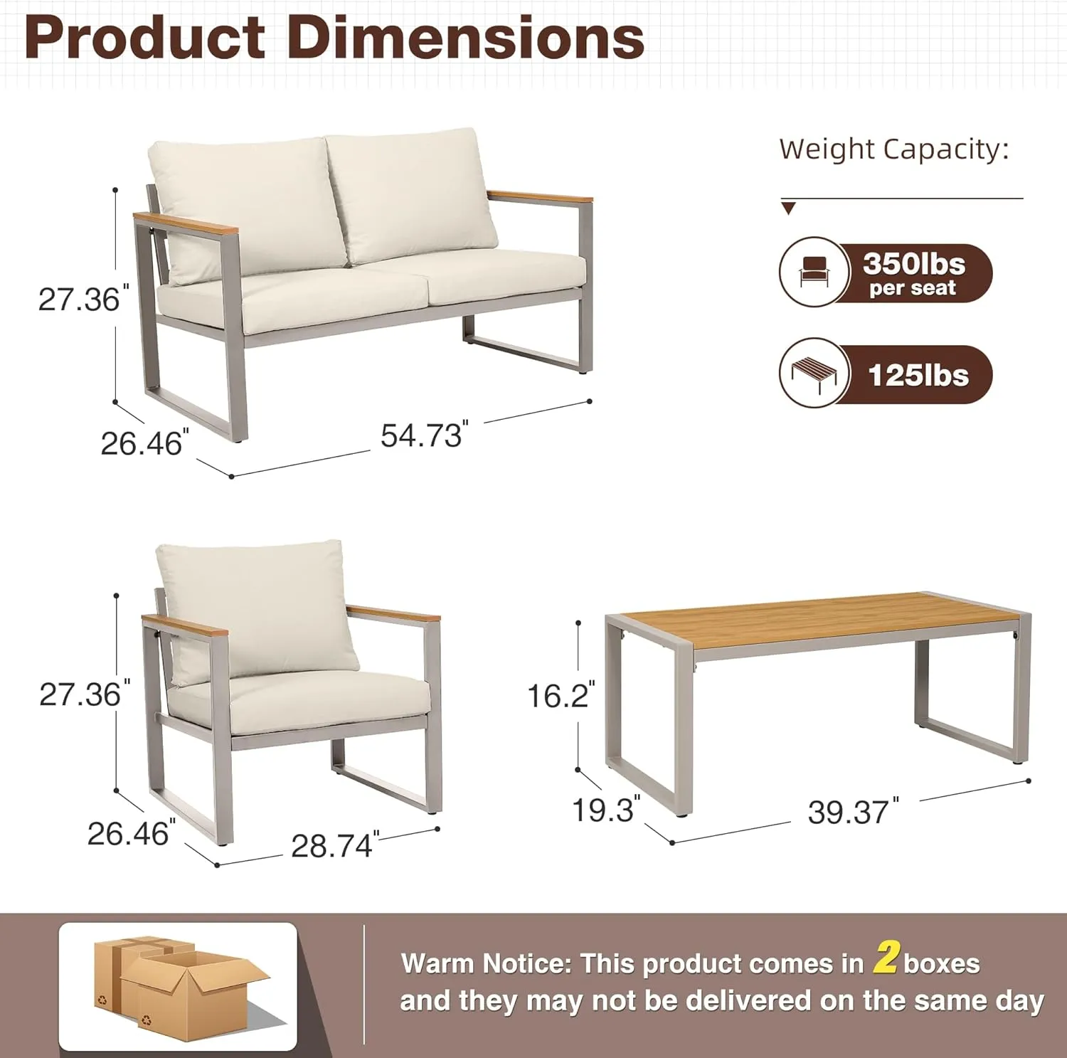Patio Furniture Set, 4 Pieces Outdoor Patio Furniture with Coffee Table Set, Metal Patio Conversation Sets with Washable and High-Resiliency Sponge Cushions,Champagne&Beige