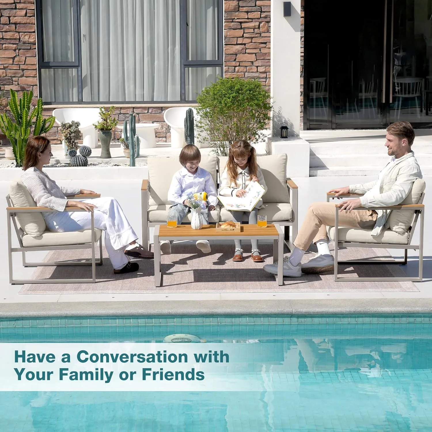 Patio Furniture Set, 4 Pieces Outdoor Patio Furniture with Coffee Table Set, Metal Patio Conversation Sets with Washable and High-Resiliency Sponge Cushions,Champagne&Beige