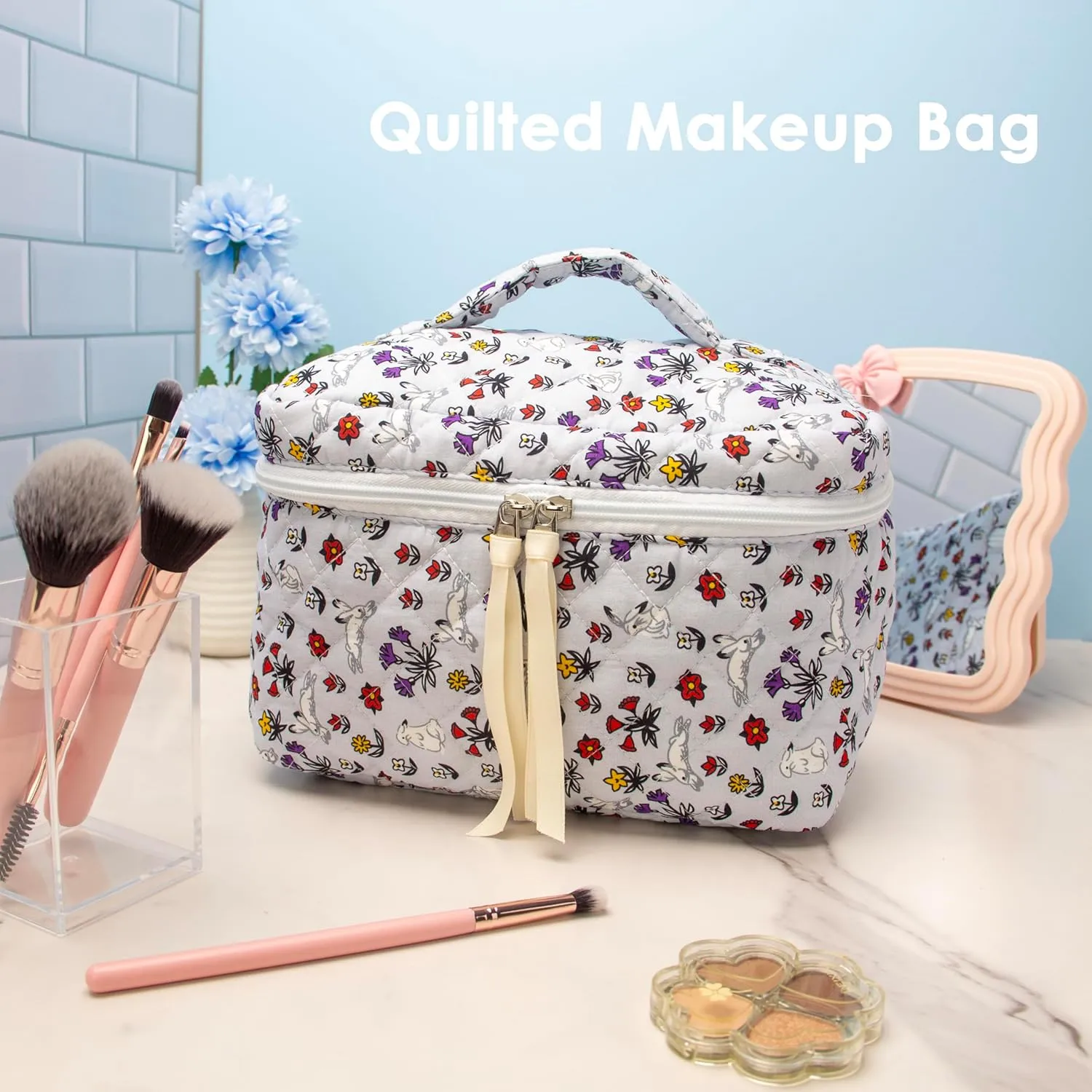 PAZIMIIK Cotton Makeup Bag for Women Large Quilted Travel Cosmetic Case Girls' Make Up Organizer,Bunny Blue