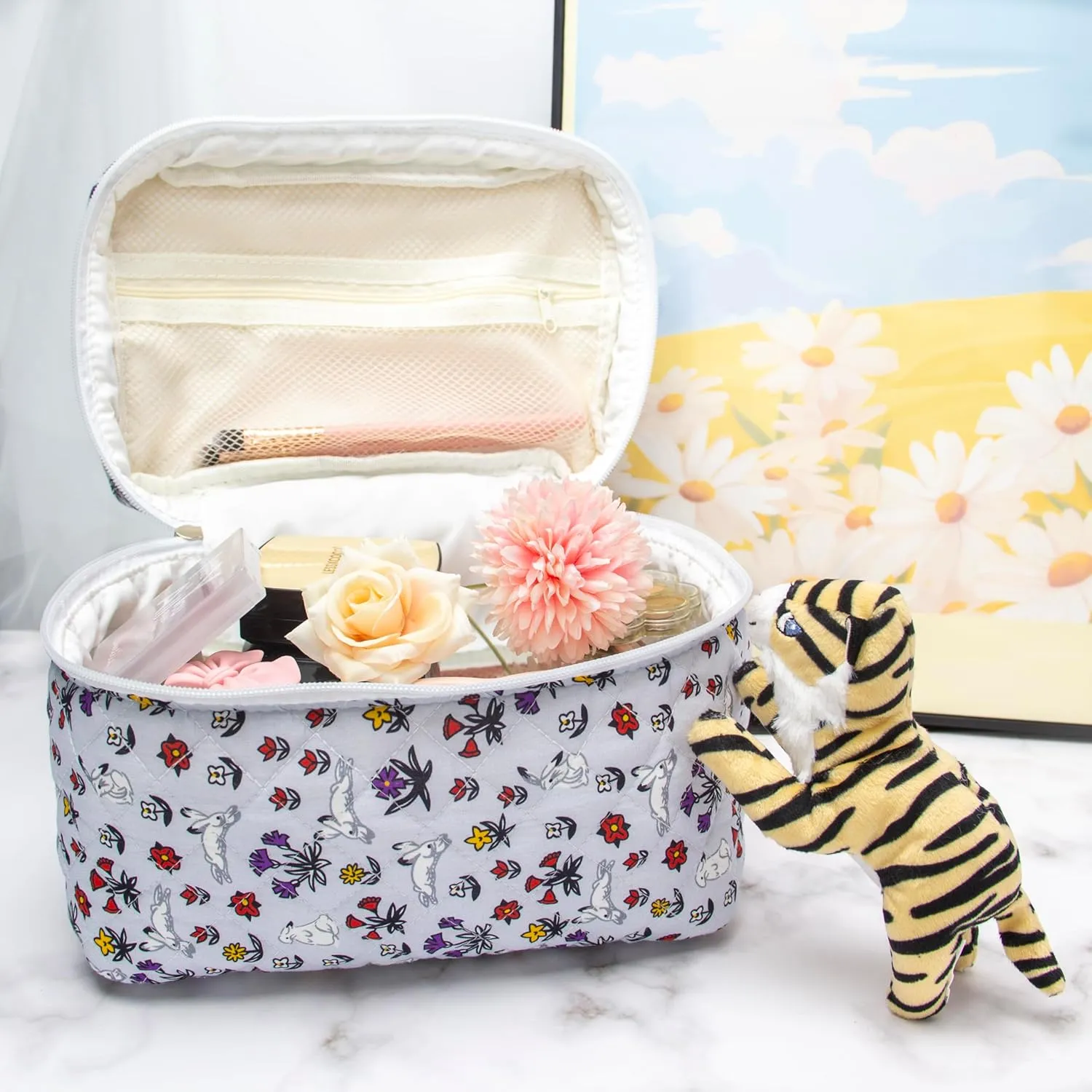 PAZIMIIK Cotton Makeup Bag for Women Large Quilted Travel Cosmetic Case Girls' Make Up Organizer,Bunny Blue
