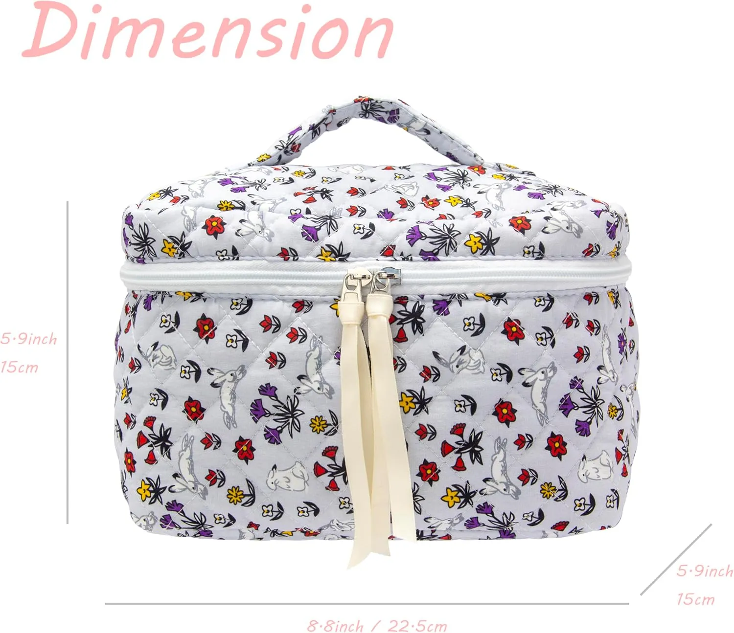 PAZIMIIK Cotton Makeup Bag for Women Large Quilted Travel Cosmetic Case Girls' Make Up Organizer,Bunny Blue