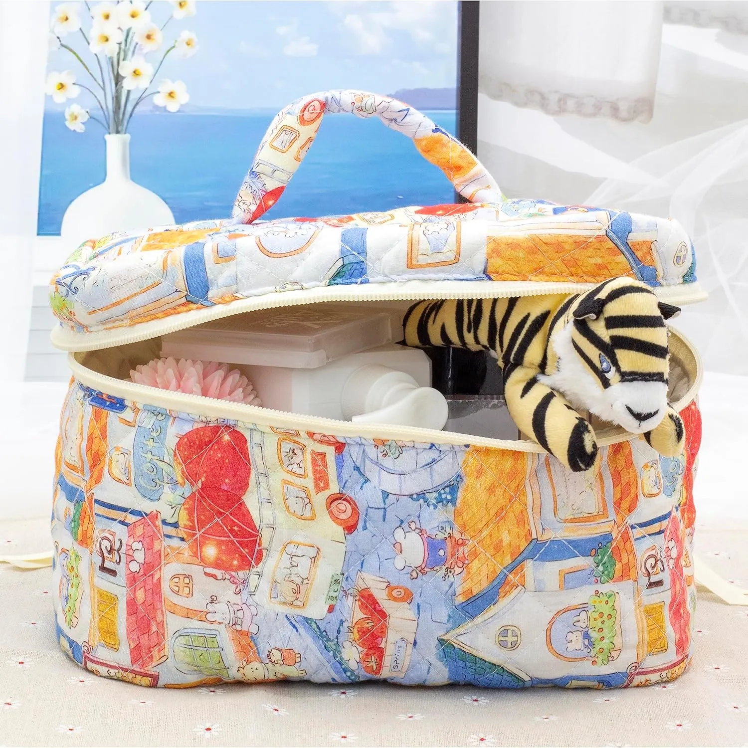PAZIMIIK Cotton Makeup Bag for Women Large Quilted Travel Cosmetic Case Girls' Make Up Organizer,Little Bunny