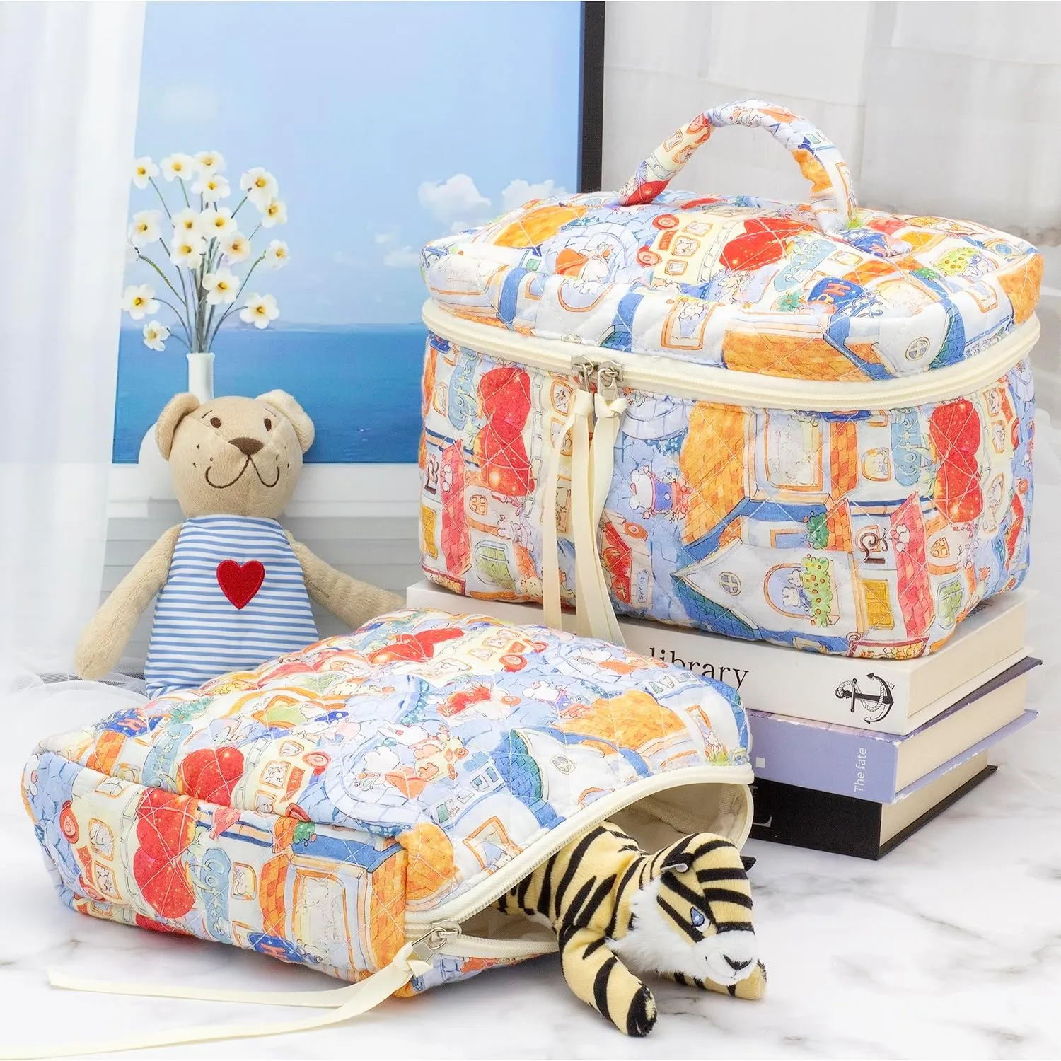 PAZIMIIK Cotton Makeup Bag for Women Large Quilted Travel Cosmetic Case Girls' Make Up Organizer,Little Bunny