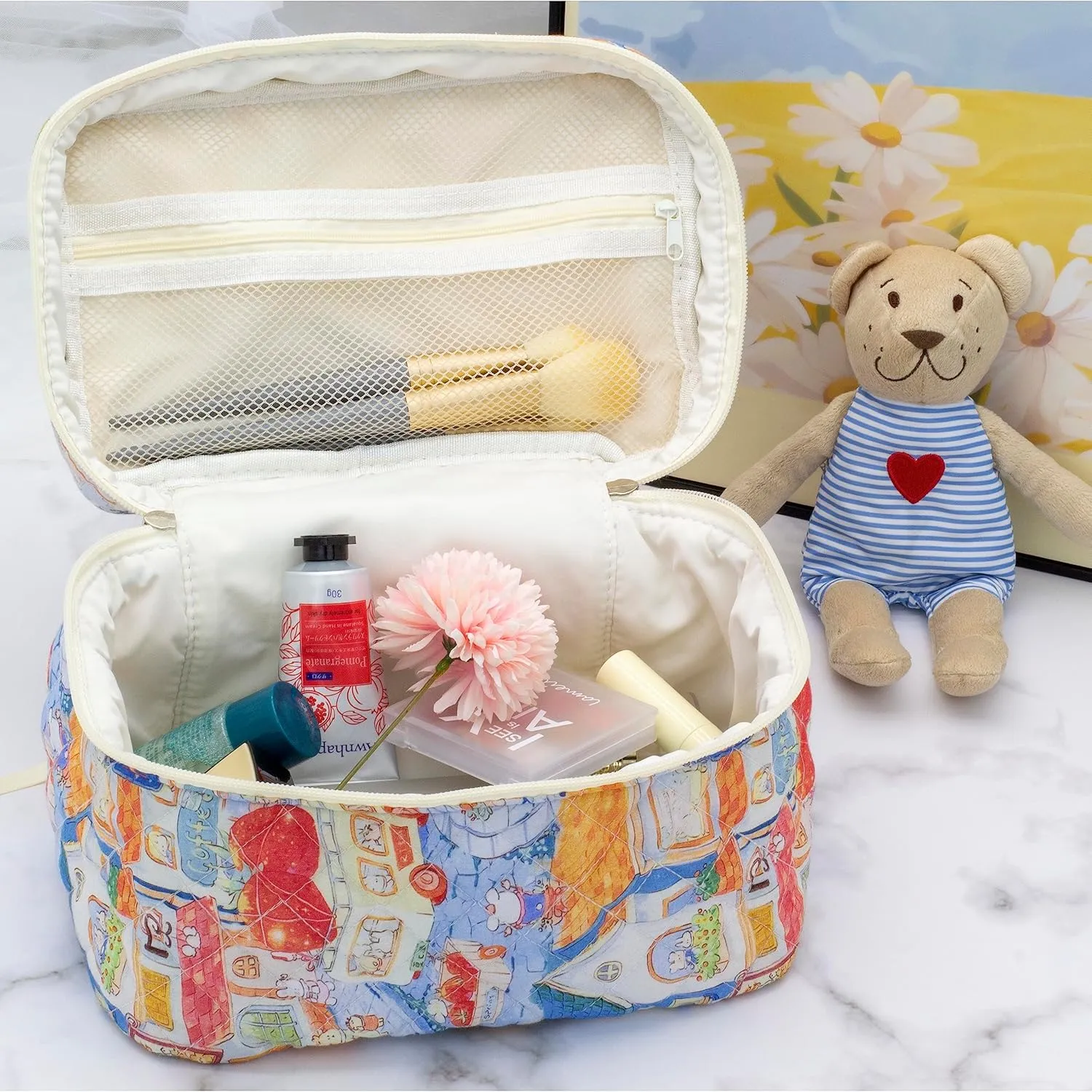 PAZIMIIK Cotton Makeup Bag for Women Large Quilted Travel Cosmetic Case Girls' Make Up Organizer,Little Bunny