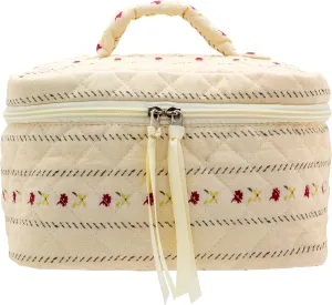 PAZIMIIK Cotton Makeup Bag for Women Large Quilted Travel Cosmetic Case Girls' Make Up Organizer,Little Flower Beige