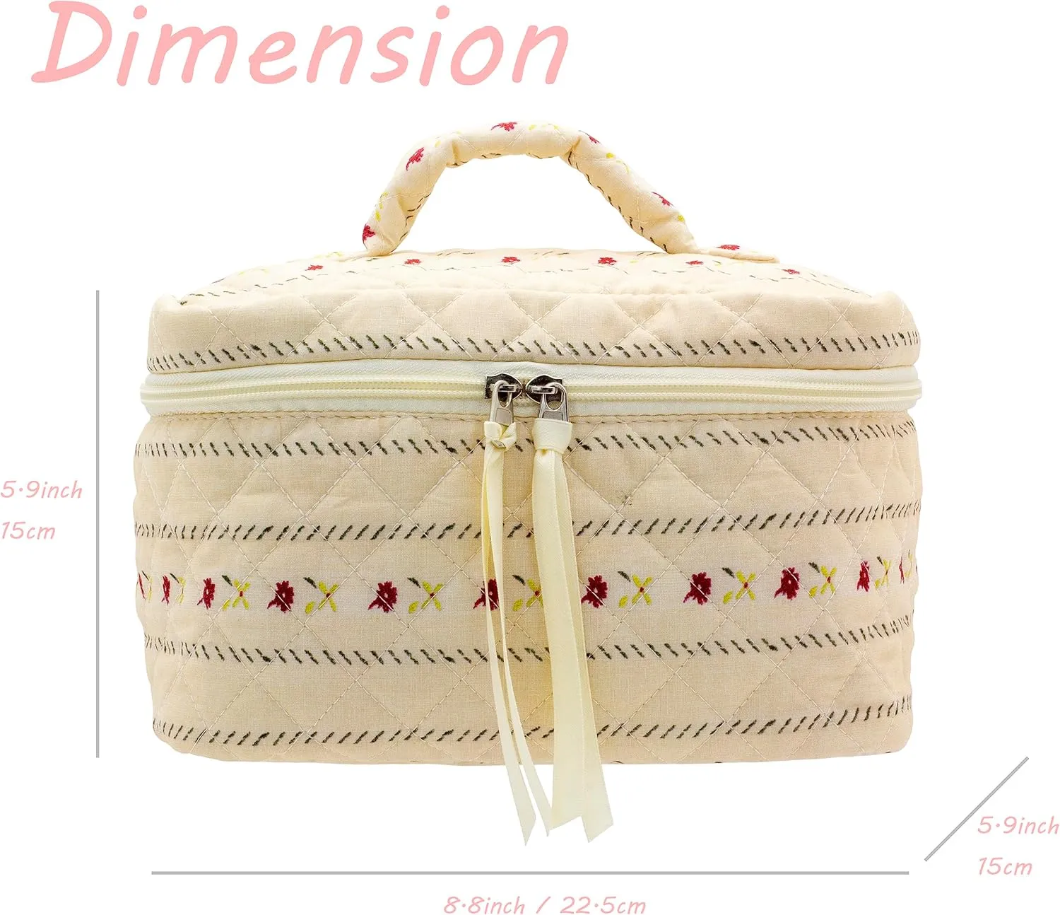 PAZIMIIK Cotton Makeup Bag for Women Large Quilted Travel Cosmetic Case Girls' Make Up Organizer,Little Flower Beige