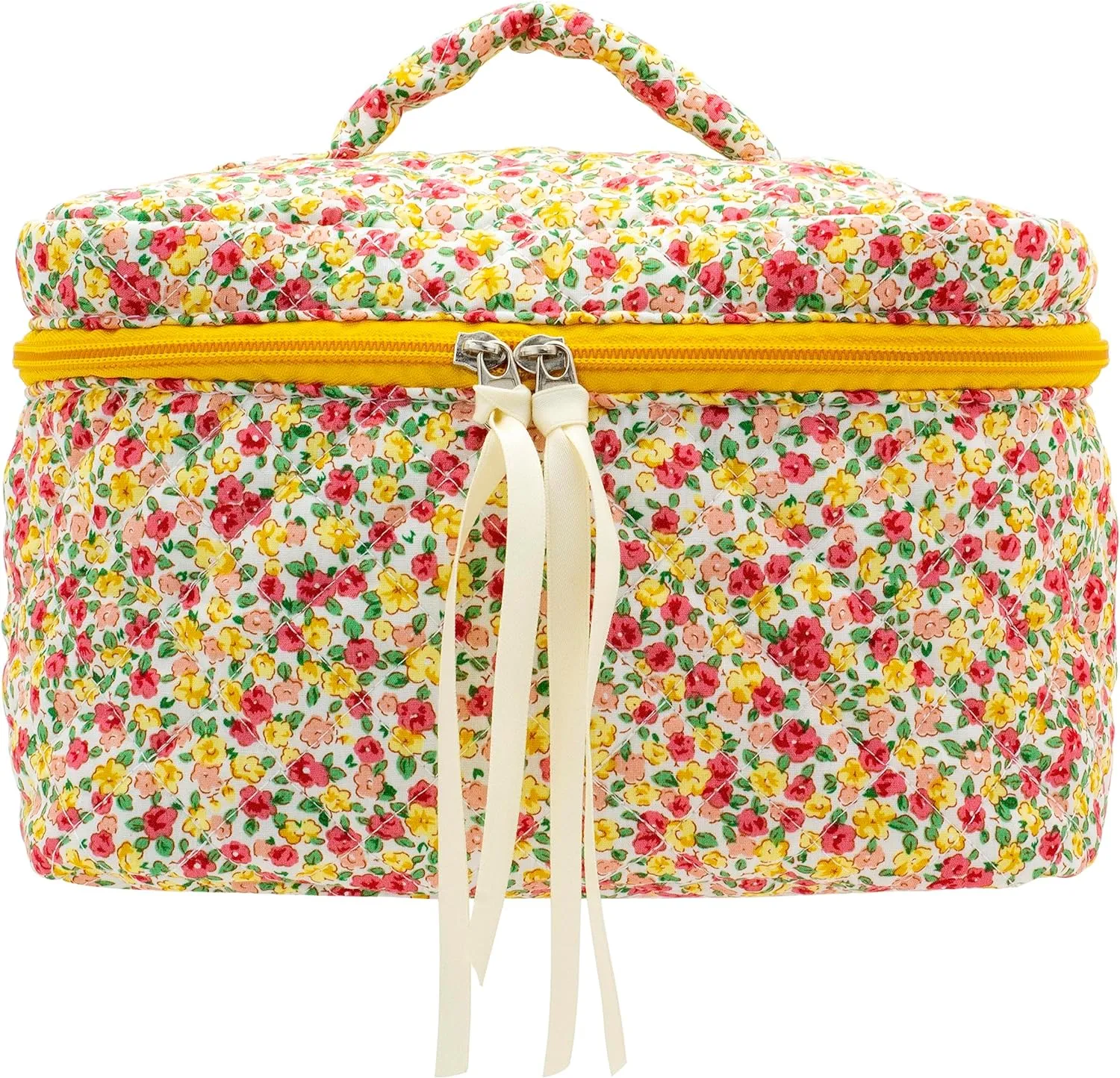 PAZIMIIK Cotton Makeup Bag for Women Large Quilted Travel Cosmetic Case Girls' Make Up Organizer,Little Flower
