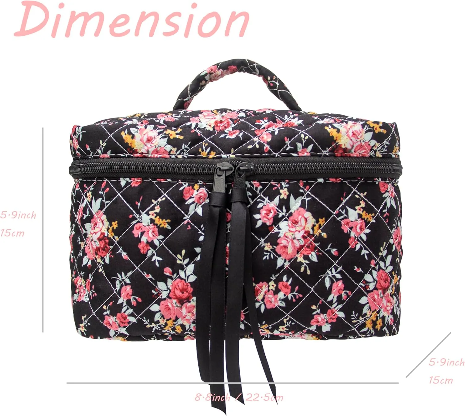 PAZIMIIK Cotton Makeup Bag for Women Large Quilted Travel Cosmetic Case Girls' Make Up Organizer,Rose Black