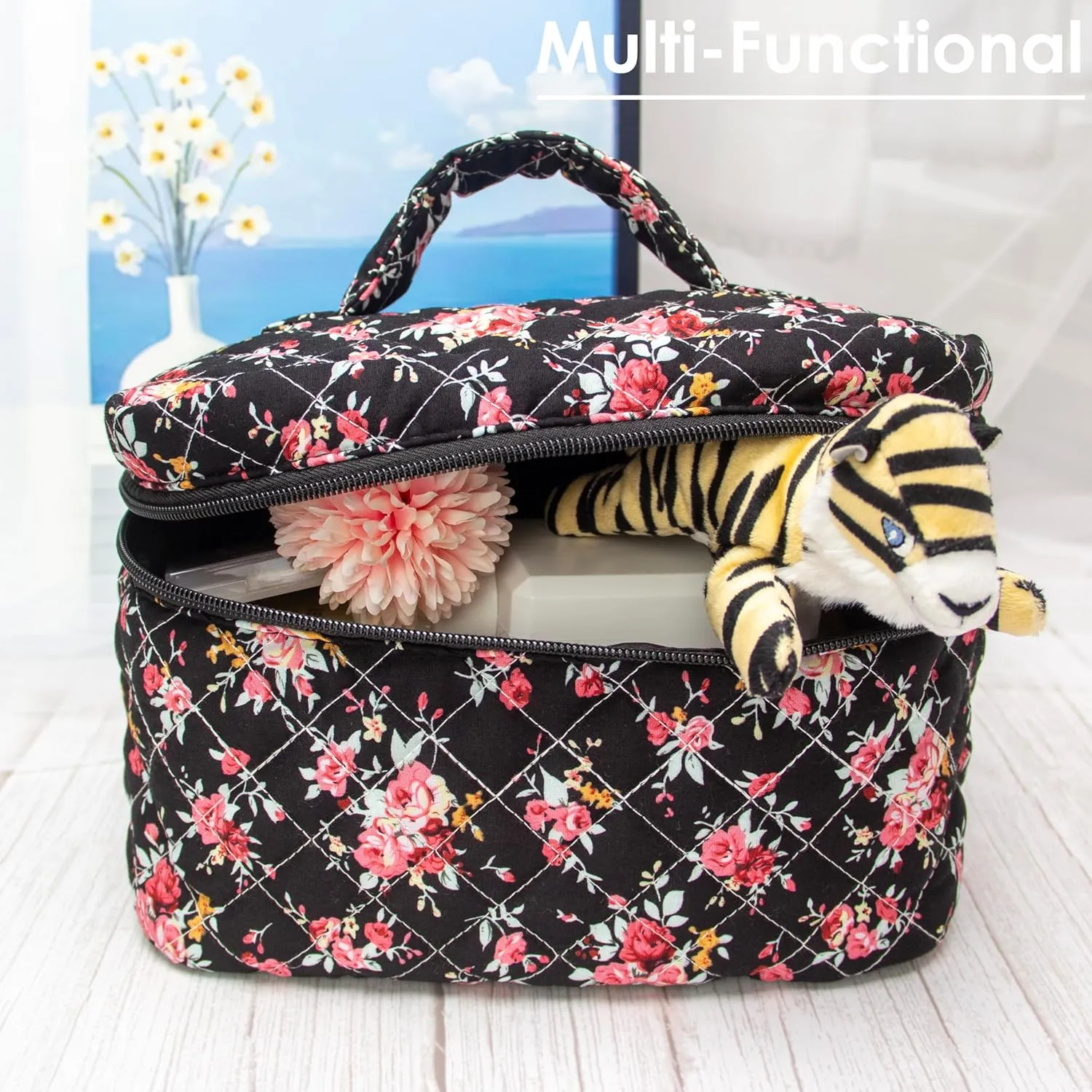 PAZIMIIK Cotton Makeup Bag for Women Large Quilted Travel Cosmetic Case Girls' Make Up Organizer,Rose Black