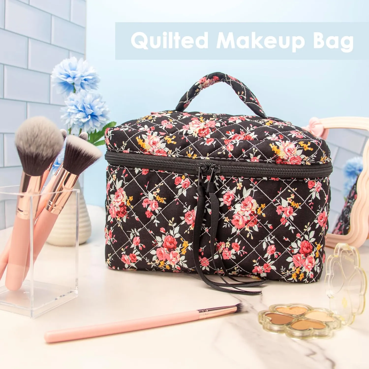 PAZIMIIK Cotton Makeup Bag for Women Large Quilted Travel Cosmetic Case Girls' Make Up Organizer,Rose Black