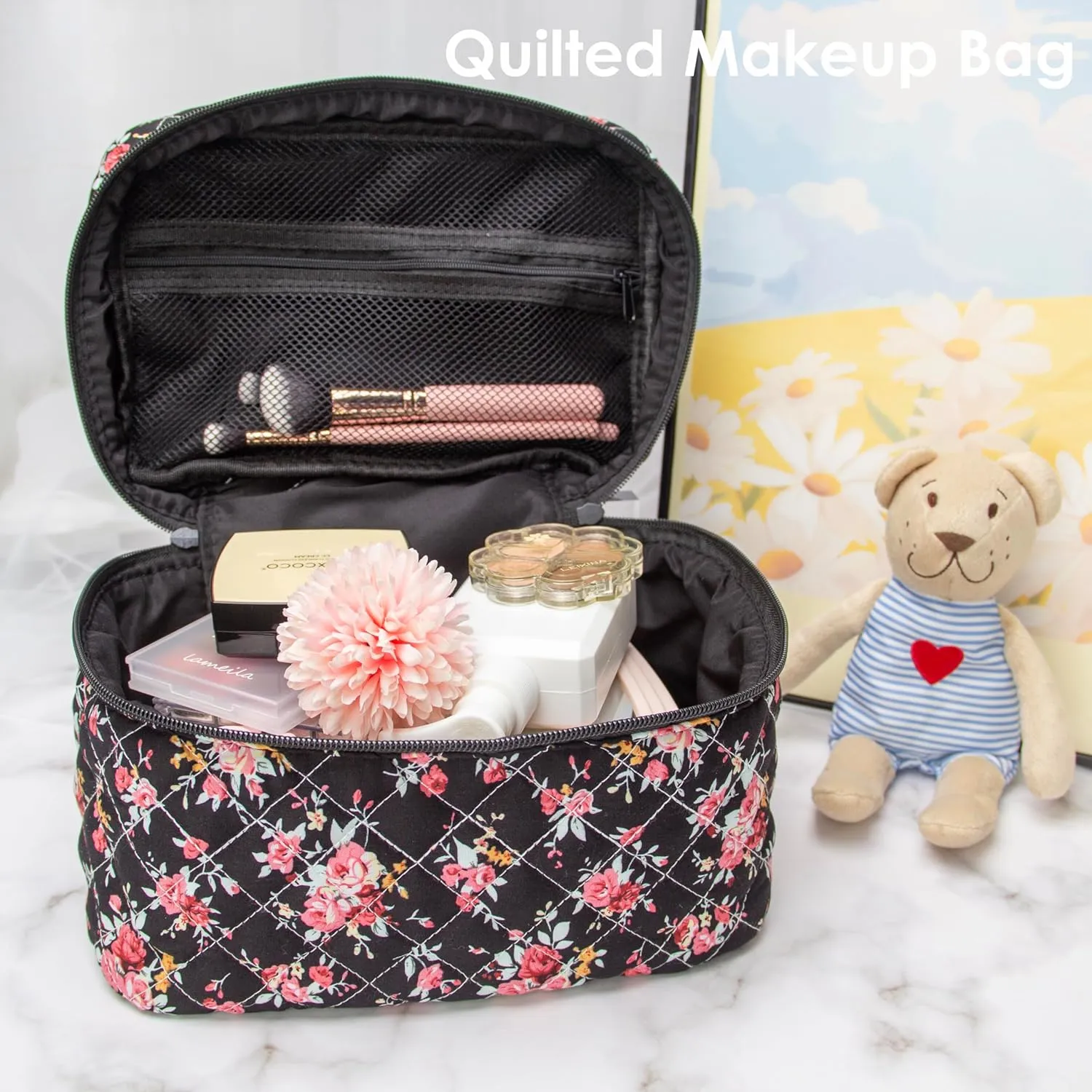 PAZIMIIK Cotton Makeup Bag for Women Large Quilted Travel Cosmetic Case Girls' Make Up Organizer,Rose Black