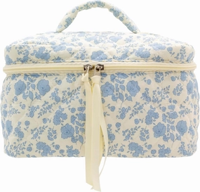 PAZIMIIK Cotton Makeup Bag for Women Large Quilted Travel Cosmetic Case Girls' Make Up Organizer,Little Flower Blue