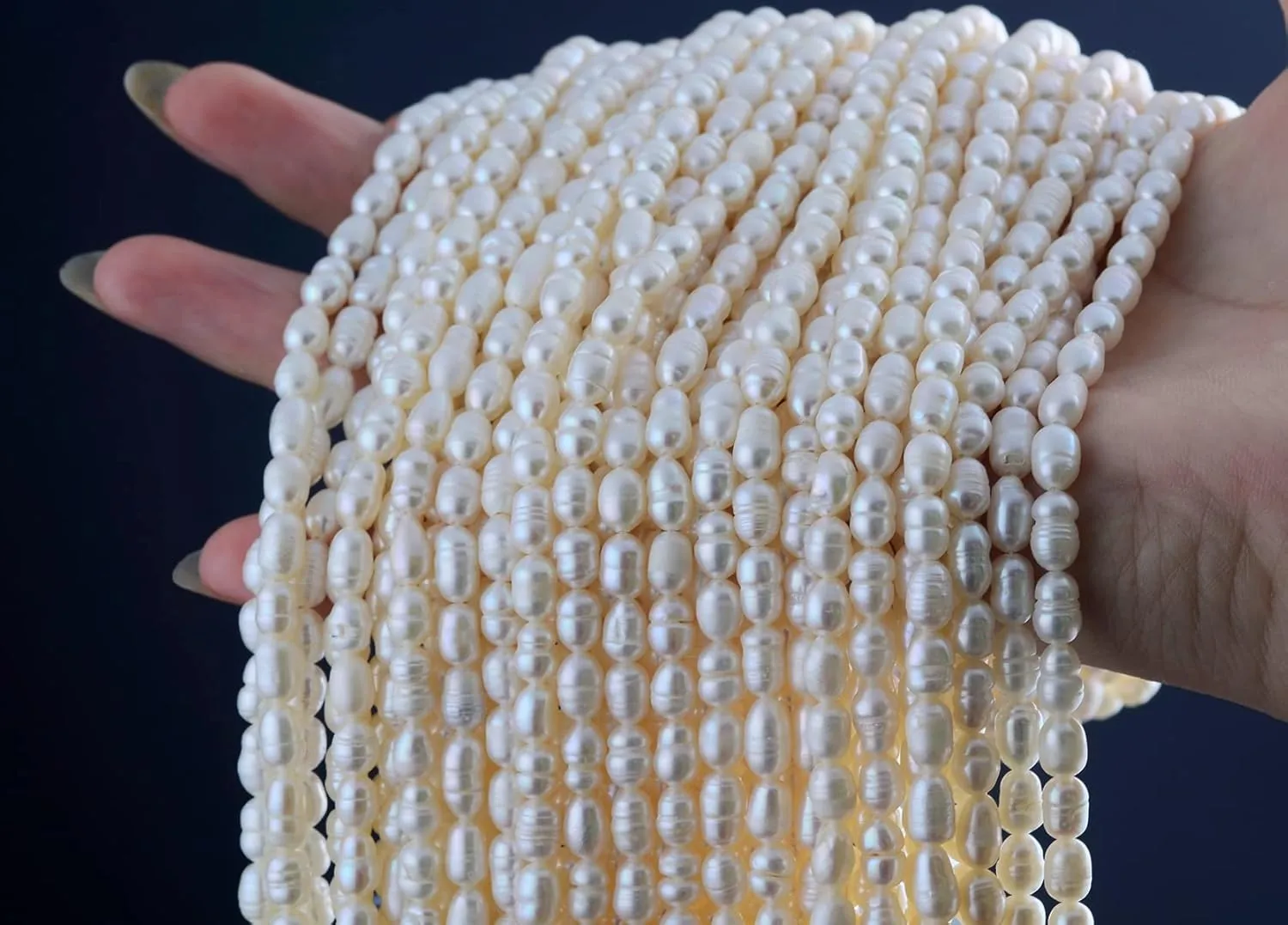 Pearls Beads for Jewelry Making 100pcs 6-7mm Natural Genuine Real Freshwater Cultured Pearl White Rice Oval Loose Gemstone Bead Holes 0.7mm Crafts Necklaces Bracelets Earrings(White, 6-7mm)