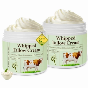 pekinly Whipped Beef Tallow for Skin, Beef Tallow, Beef Tallow for Face, 2 Packs Unscented Grass Fed Whipped Tallow Face Moisturizer Nourishing Soothing Moisturizer for Body Lotion Skin Care, 5.3OZ