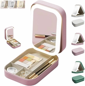 Periodicali Travel Makeup Mirror, Cosmetic Storage Box, LED Makeup Mirror Case with 3 Color Modes, Portable LED Mirrors with Storage, Dustproof and Portable (Pink)