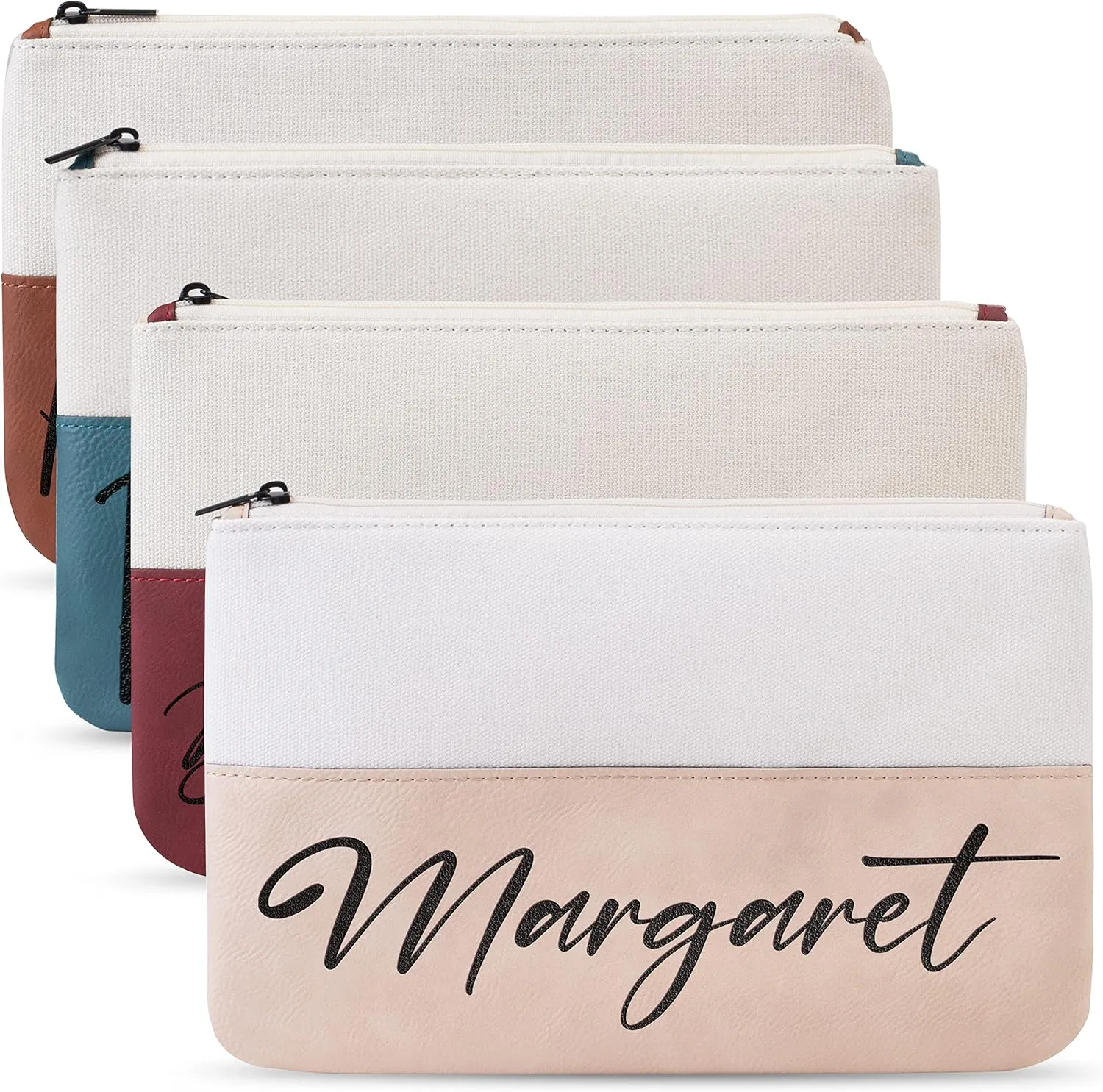 Personalized Makeup Bag w/Name - Vegan Leather & Canvas - 7 Fonts, Bridesmaid Proposal Gifts, Custom Cosmetics Bag, Lightweight & Portable Makeup Pouch for Travelling, Gifts for Women, Mom - Rose