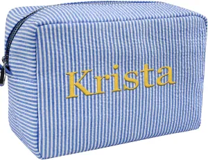 Personalized Seersucker Makeup Bag for Women Custom Monogrammed Cosmetic Bag with Names Large Capacity Women Travel Toiletry Case for Travel Wedding Bridesmaid Graduation Gifts