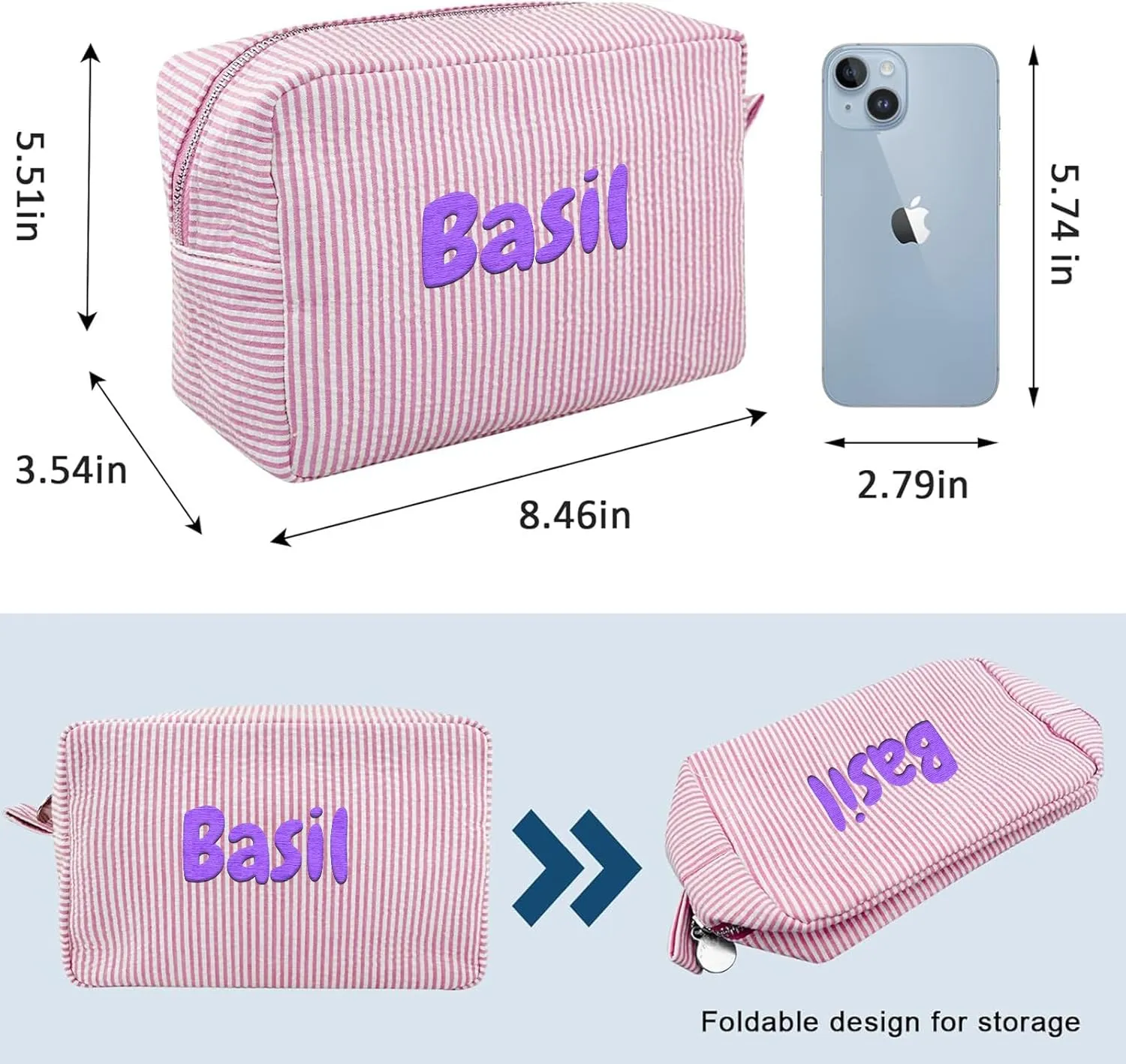 Personalized Seersucker Makeup Bag for Women Custom Monogrammed Cosmetic Bag with Names Large Capacity Women Travel Toiletry Case for Travel Wedding Bridesmaid Graduation Gifts