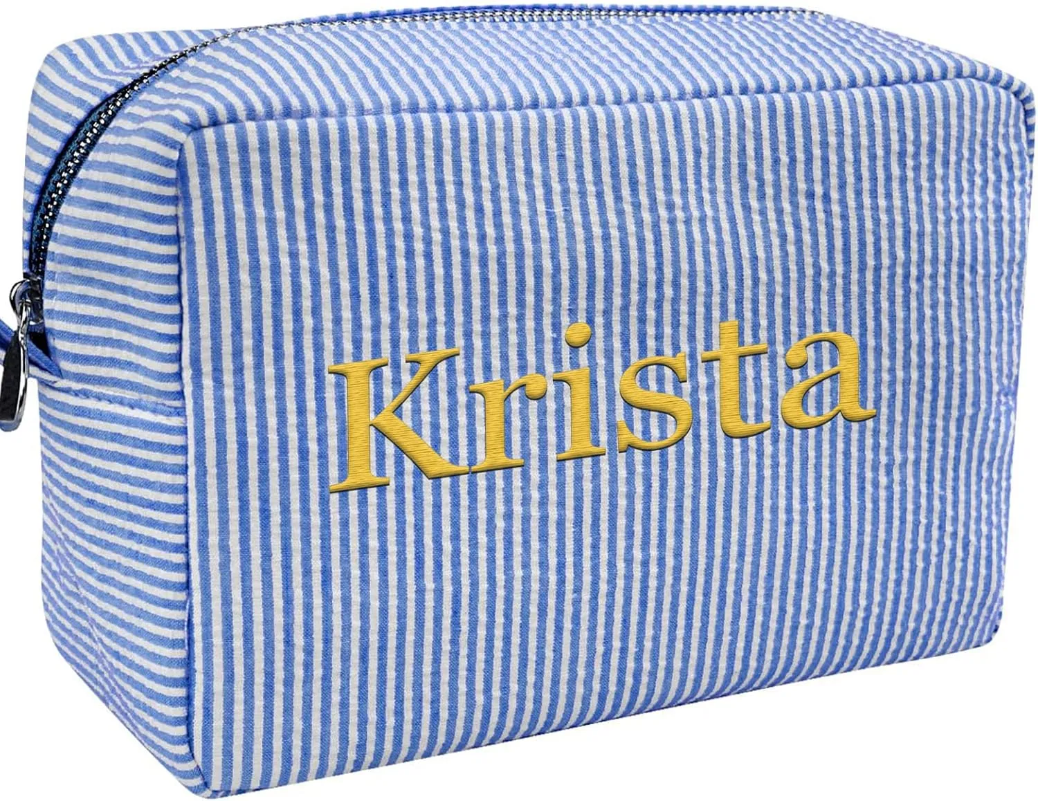 Personalized Seersucker Makeup Bag for Women Custom Monogrammed Cosmetic Bag with Names Large Capacity Women Travel Toiletry Case for Travel Wedding Bridesmaid Graduation Gifts
