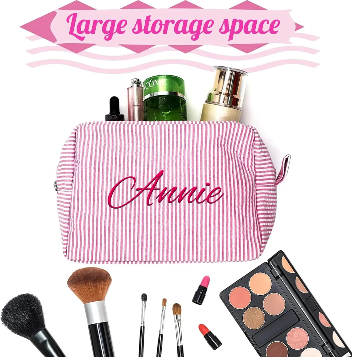 Personalized Seersucker Makeup Bag for Women Custom Monogrammed Cosmetic Bag with Names Large Capacity Women Travel Toiletry Case for Travel Wedding Bridesmaid Graduation Gifts