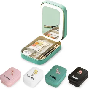 Personalized Small Jewelry Box Organizer With Light - Personalized Birth Flower Jewelry Case with Mirror - Travel Portable Makeup Bag Case With Led Mirror - Gift For Girl Women