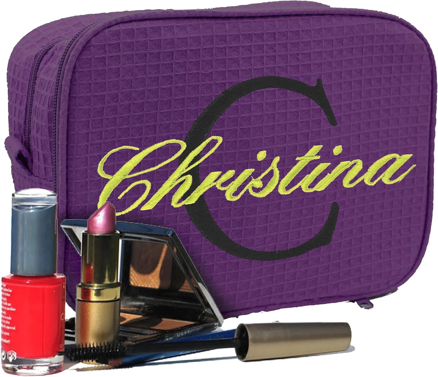 Personalized Waffle Makeup Bag - Monogrammed Cosmetic Make Up Travel Train Case - Custom Embroidered (Purple)