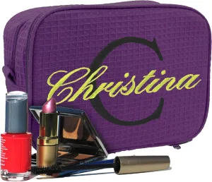 Personalized Waffle Makeup Bag - Monogrammed Cosmetic Make Up Travel Train Case - Custom Embroidered (Purple)