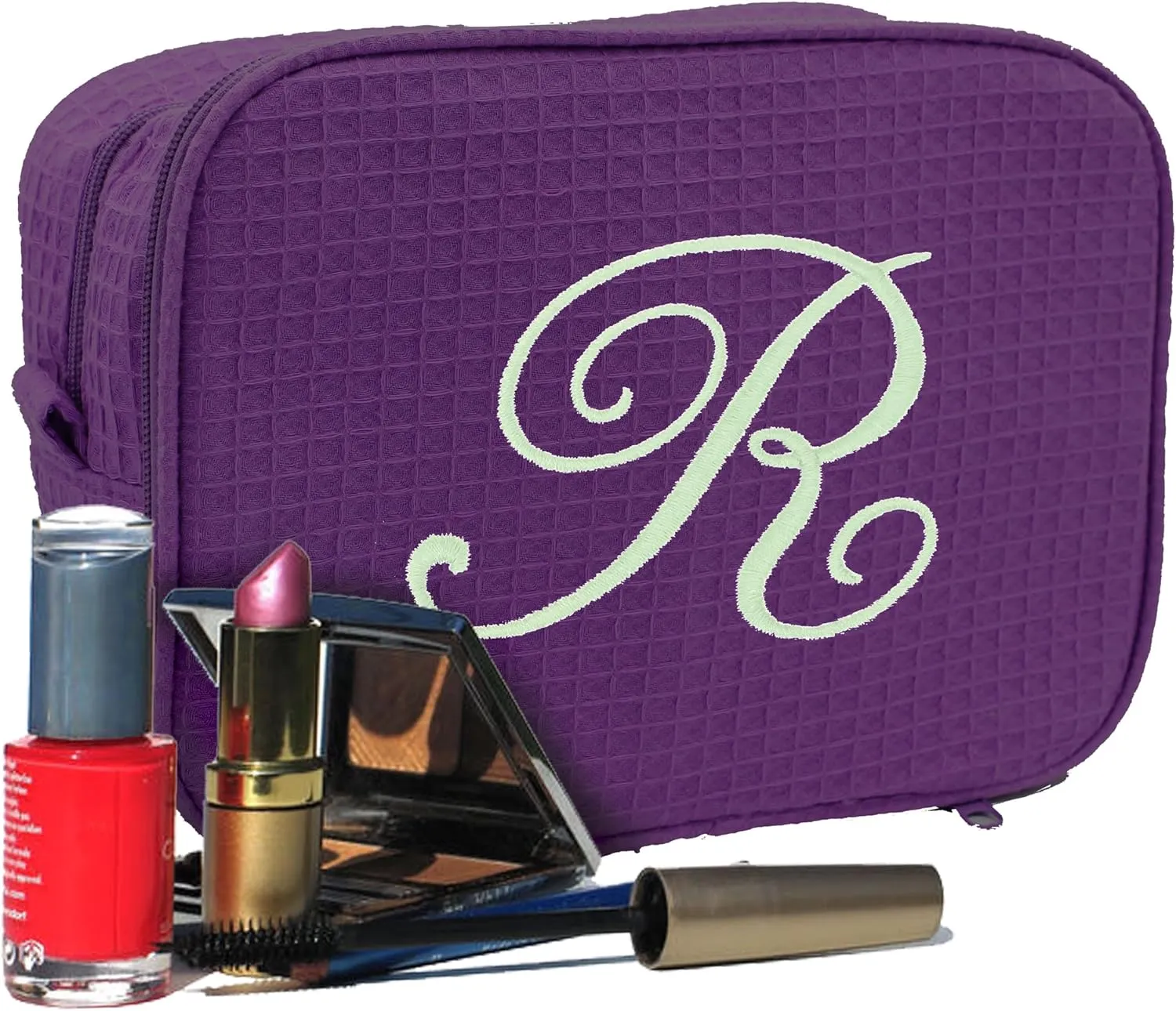 Personalized Waffle Makeup Bag - Monogrammed Cosmetic Make Up Travel Train Case - Custom Embroidered (Purple)