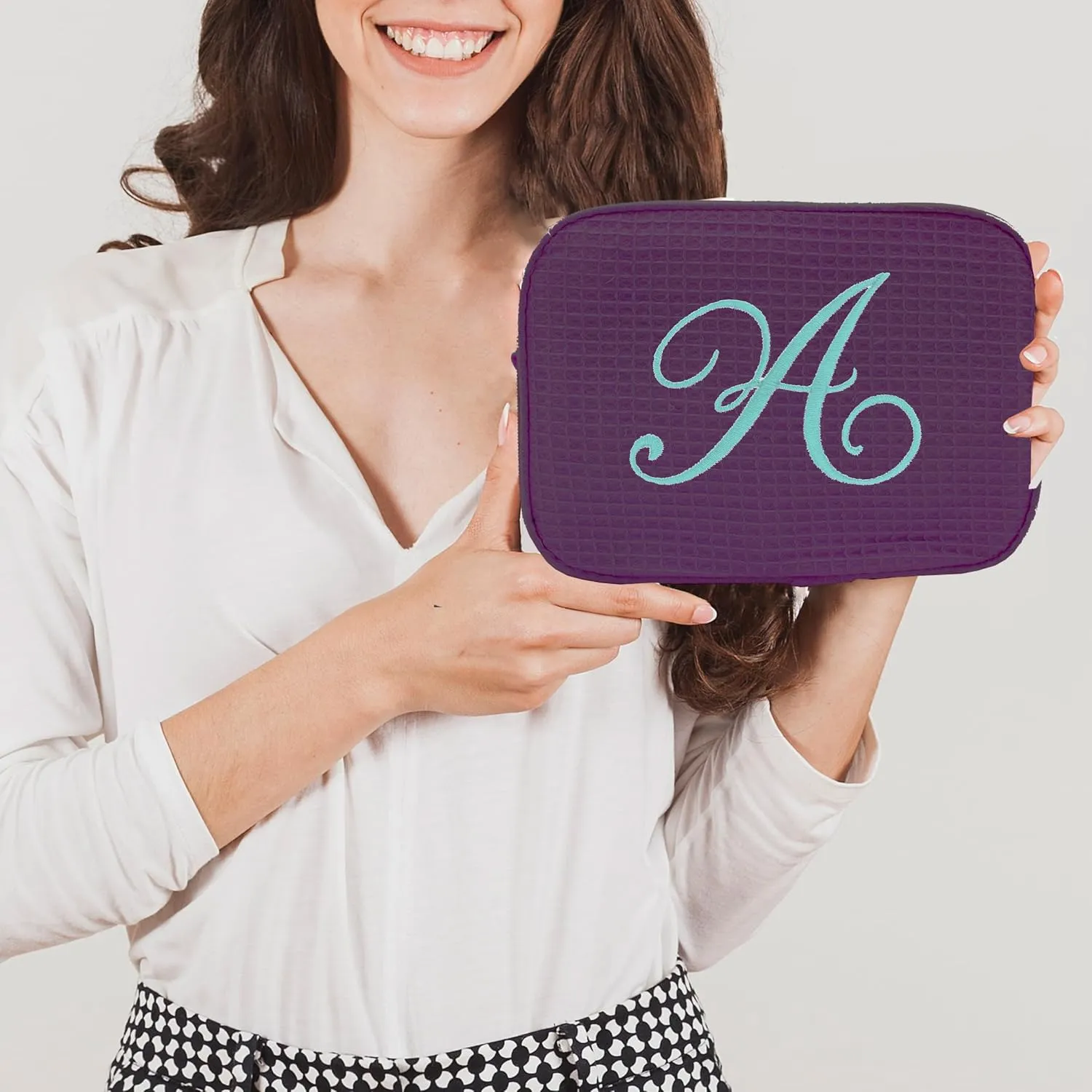 Personalized Waffle Makeup Bag - Monogrammed Cosmetic Make Up Travel Train Case - Custom Embroidered (Purple)