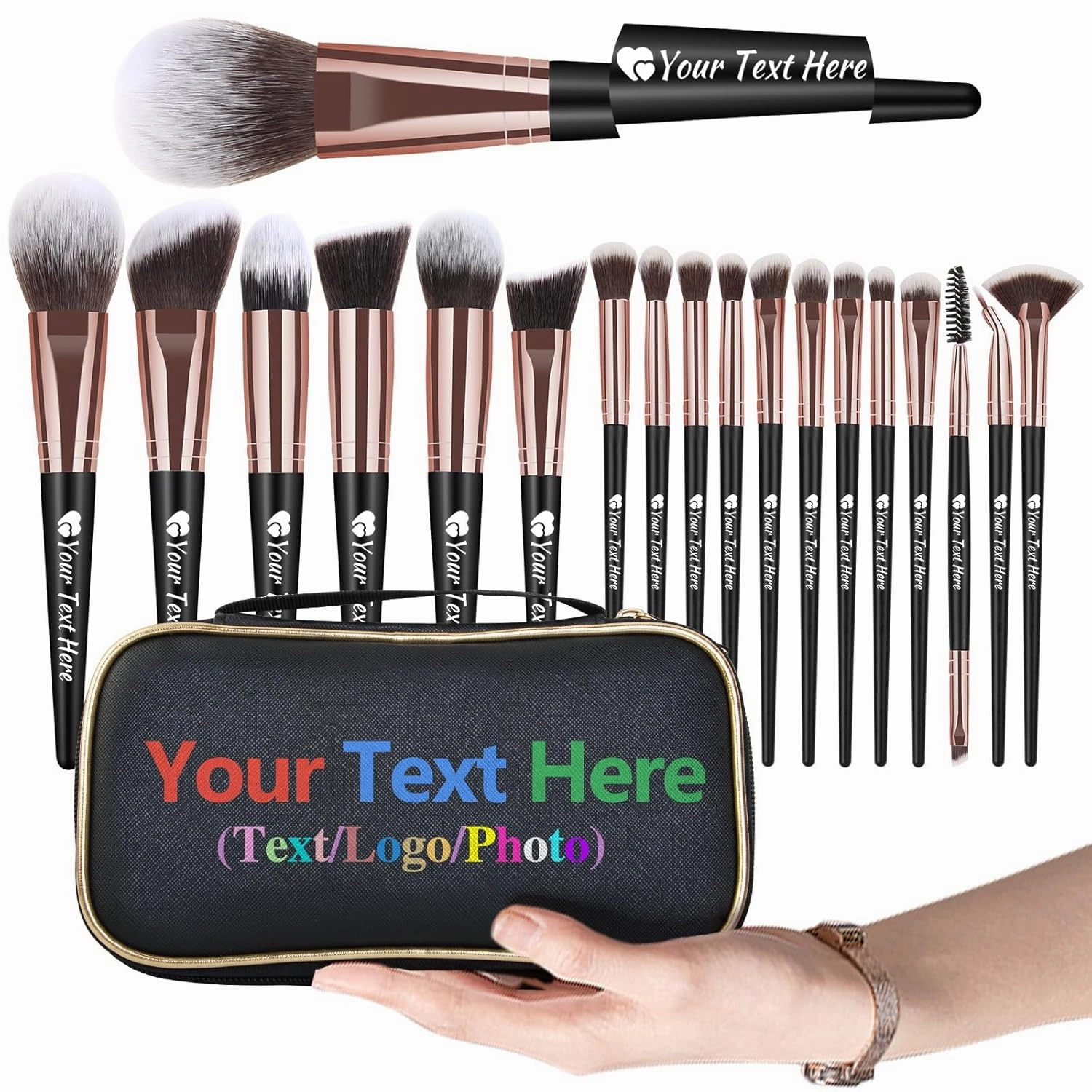 Personalized Gift Custom Makeup Brush Set with Custom Brush Case, 18 Pcs Premium Synthetic Personalized Makeup Brushes Foundation Eyeshadow Brush Powder Blush Concealers Brush Set(Blackgold)