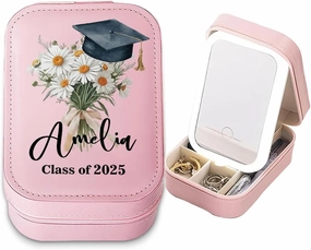 Personalized Graduation Makeup Box with Birth Flower & Name, Class of 2025 Gift for Her, Custom LED Mirror Travel Makeup Organizer, Leather Cosmetic & Jewelry Case, Birthday, Christmas, Gift for Women