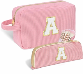 Personalized Initial Cute Makeup Bag Pink Cosmetic Bag Travel Toiletry Bag, Trendy Stuff Mother's Day/Birthday/Graduation Gifts for Women, Mom, Girlfriend, Wife Makeup Organizer Case for Girls - A