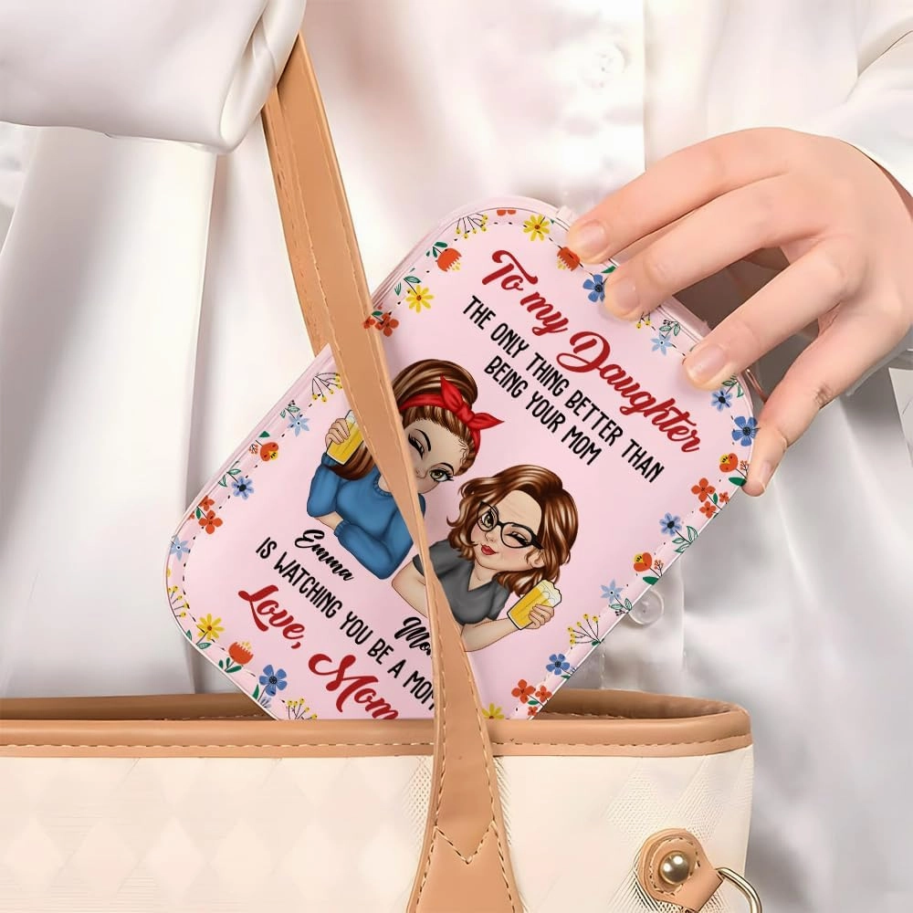 Personalized To My Daughter Travel Makeup Bag With LED Mirror Leather, Custom Name Makeup Organizer Portable Jewelry Organizer Case Valentine's, Birthday, Christmas Gifts for Daughter