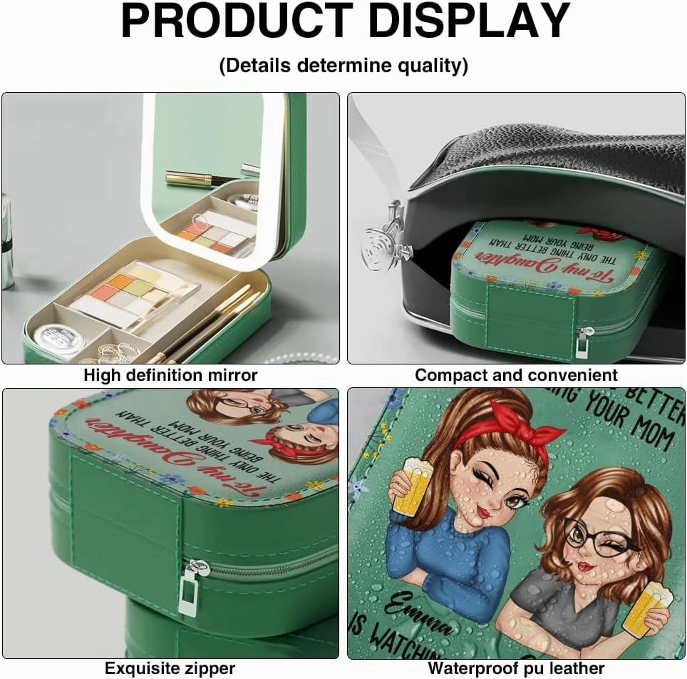 Personalized To My Daughter Travel Makeup Bag With LED Mirror Leather, Custom Name Makeup Organizer Portable Jewelry Organizer Case Valentine's, Birthday, Christmas Gifts for Daughter