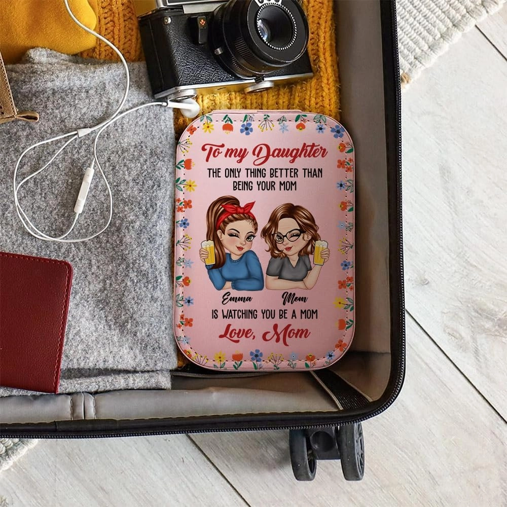 Personalized To My Daughter Travel Makeup Bag With LED Mirror Leather, Custom Name Makeup Organizer Portable Jewelry Organizer Case Valentine's, Birthday, Christmas Gifts for Daughter