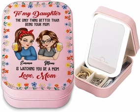 Personalized To My Daughter Travel Makeup Bag With LED Mirror Leather, Custom Name Makeup Organizer Portable Jewelry Organizer Case Valentine's, Birthday, Christmas Gifts for Daughter
