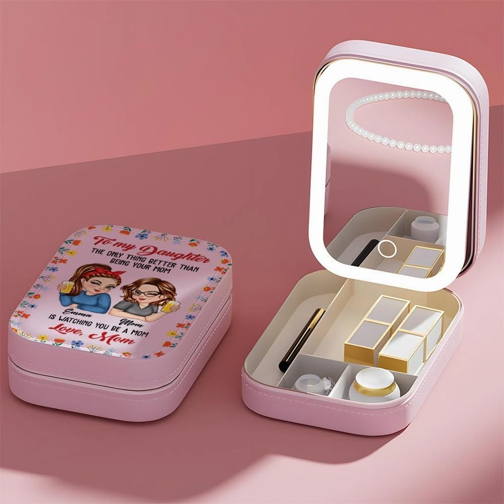 Personalized To My Daughter Travel Makeup Bag With LED Mirror Leather, Custom Name Makeup Organizer Portable Jewelry Organizer Case Valentine's, Birthday, Christmas Gifts for Daughter