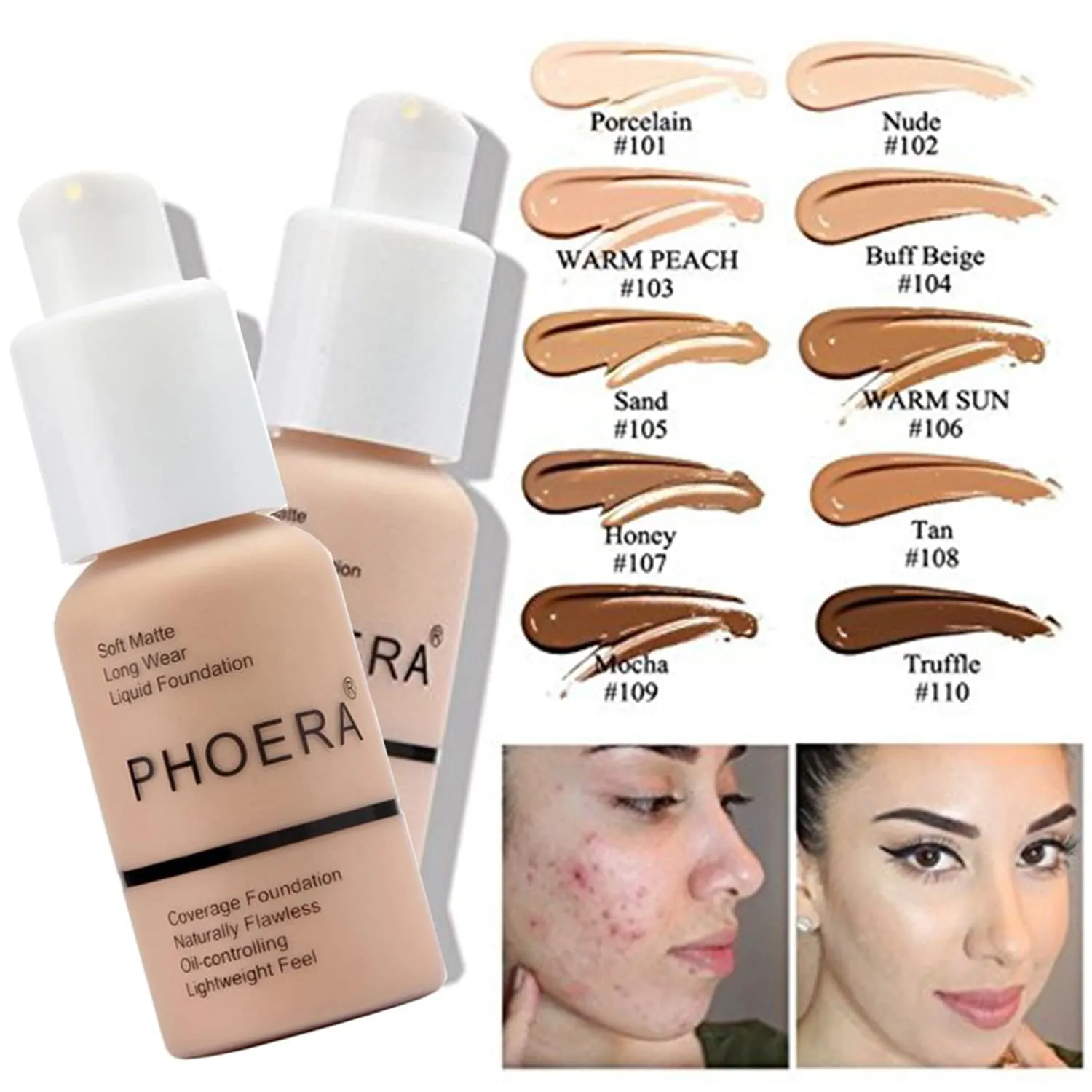 PHOERA Full Coverage Foundation, Kabuki Makeup Brushes, 2 Pcs Makeup Sponge (Warm Peach)