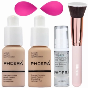 PHOERA Foundation, Full Coverage Foundation, PHOERA Primer, PHOERA Makeup Set, Flat Top Kabuki Makeup Brushes Foundation Brush Powder Brush,2 Pcs Makeup Sponge (102 Nude   104 Buff Beige)