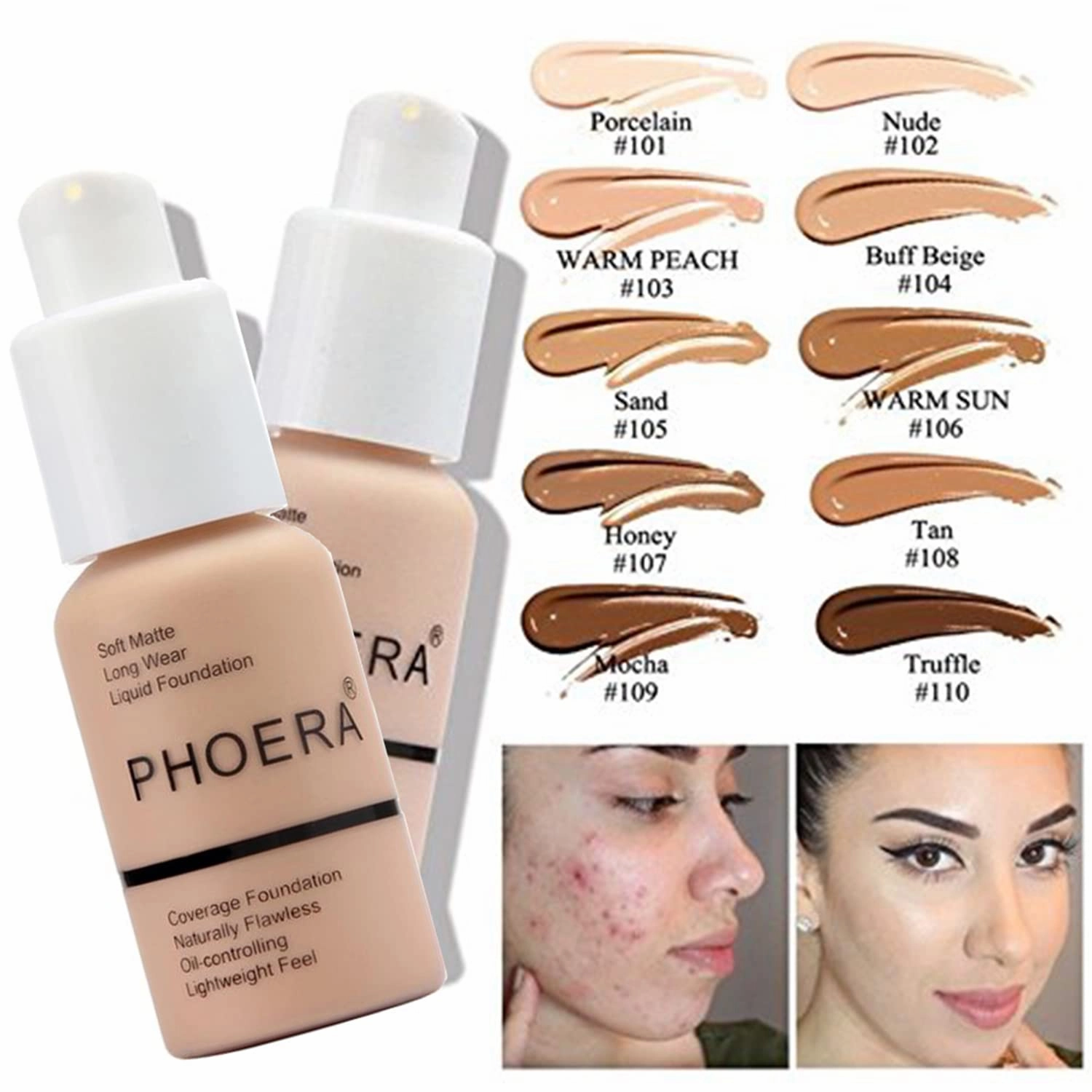 PHOERA Foundation, Full Coverage Foundation, PHOERA Primer, PHOERA Makeup Set, Flat Top Kabuki Makeup Brushes Foundation Brush Powder Brush,2 Pcs Makeup Sponge (102 Nude   104 Buff Beige)
